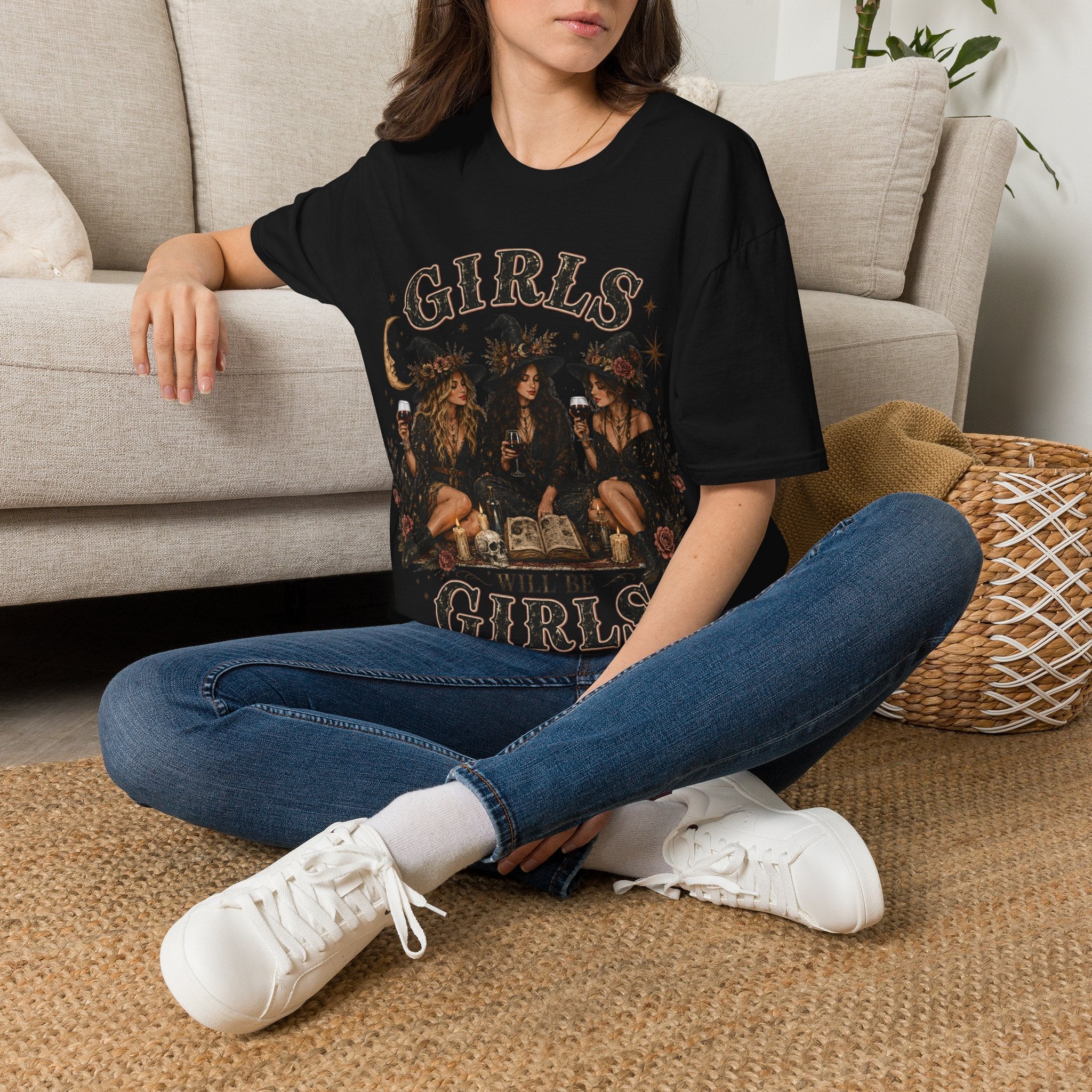 Girls graphic T-shirt, black, model wearing “GIRLS WILL BE GIRLS” witches print