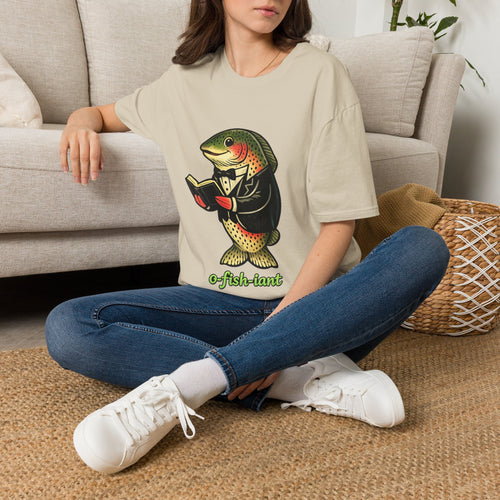 Light beige T-shirt with illustrated trout reading a book graphic on the front