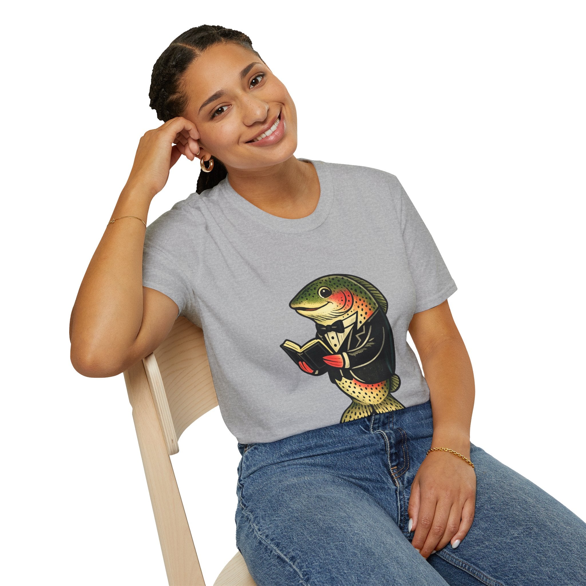 Dapper Trout with Book T-Shirt | Literary Fish Illustration