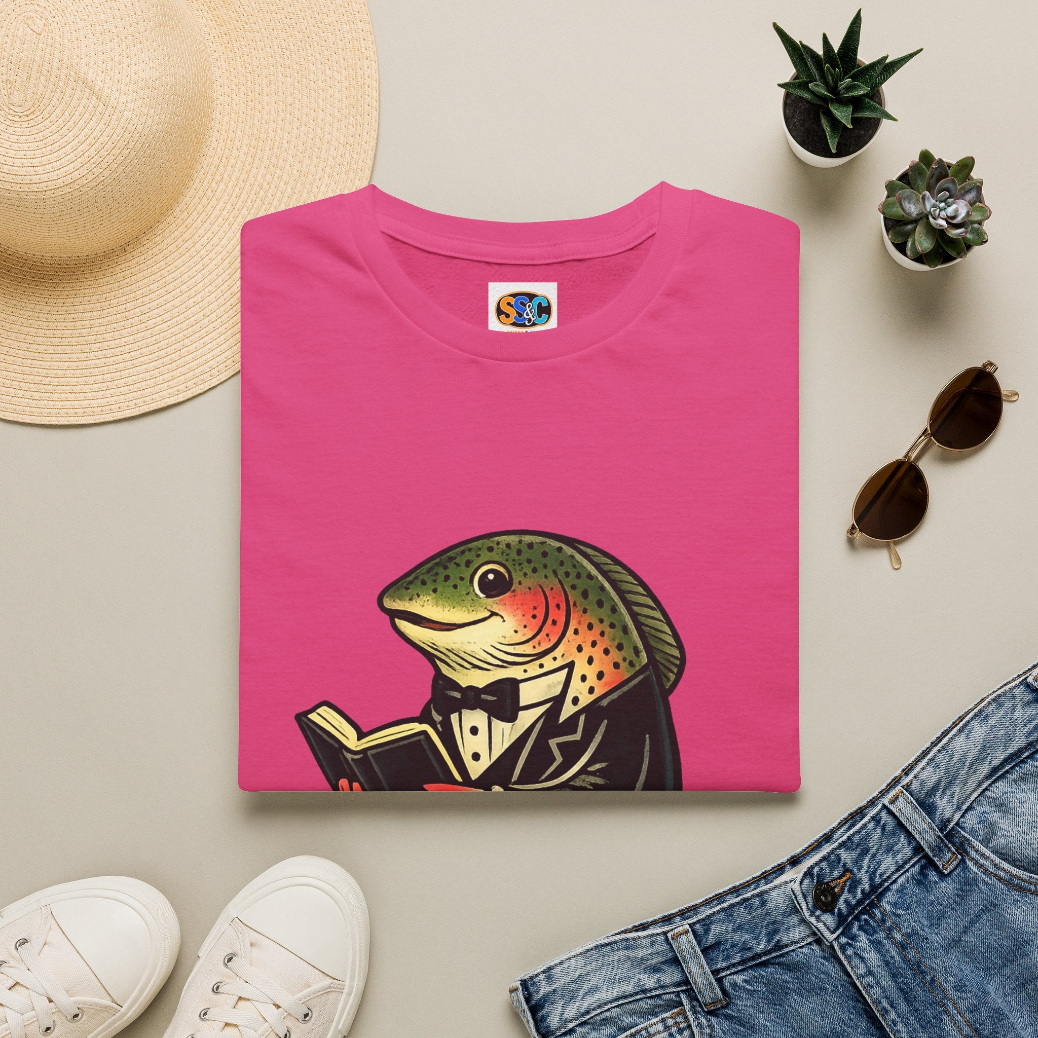 Dapper Trout with Book T-Shirt | Literary Fish Illustration
