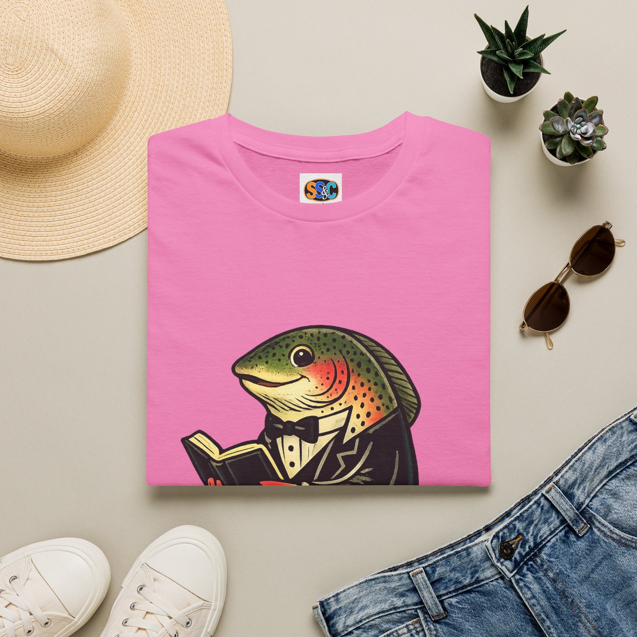 Dapper Trout with Book T-Shirt | Literary Fish Illustration