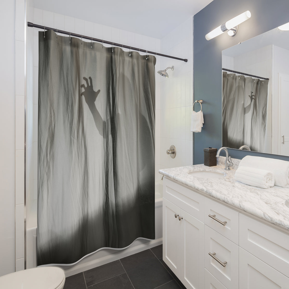 Spooky hand shadow shower curtain, dark gray with hook tabs and weighted hem