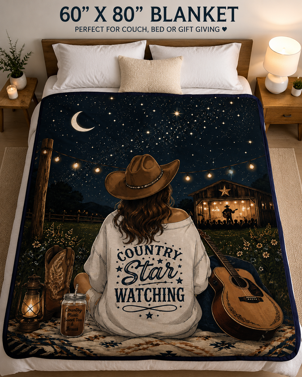 Country Star Watching Blanket | Cowboy Girl Night Sky Velveteen Plush