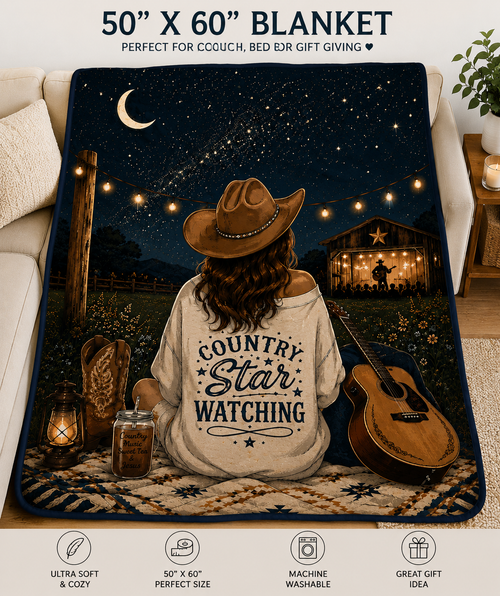 50x60 plush velveteen blanket with night sky stars and cowboy girl graphic