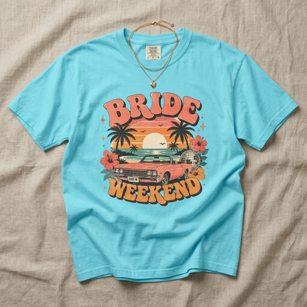 Bride Weekend T‑Shirt — Retro Sunset Palm Bachelorette Tee