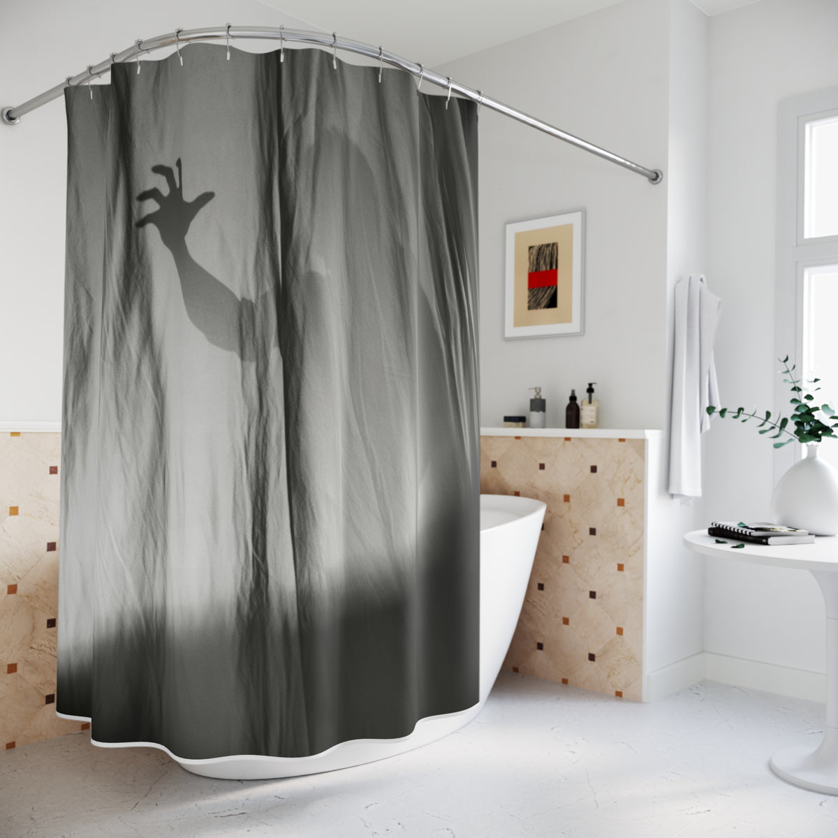 Dark gray shower curtain featuring spooky hand shadow graphic, full hanging view