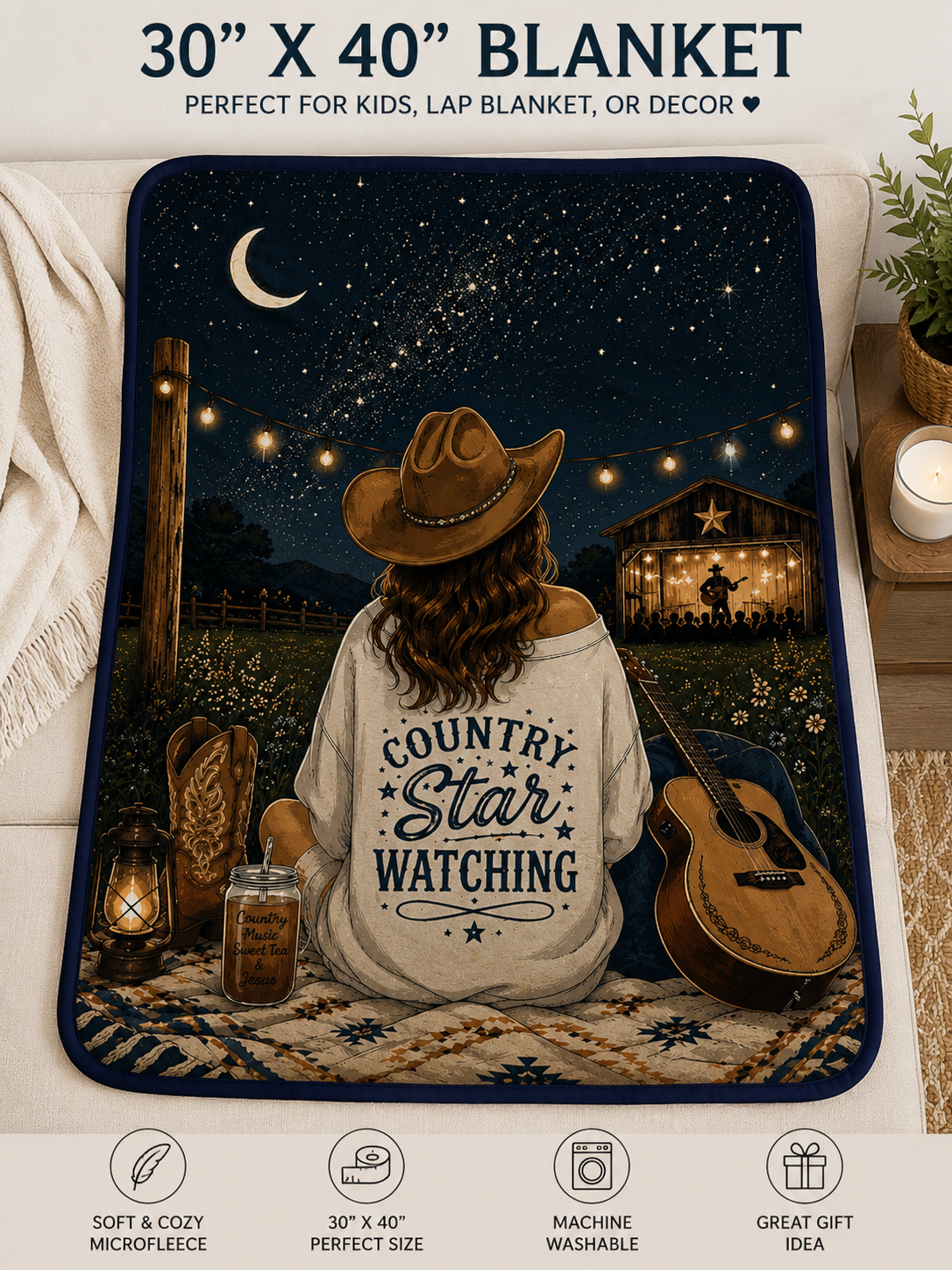 30x40 plush velveteen blanket with night sky stars and cowboy girl graphic
