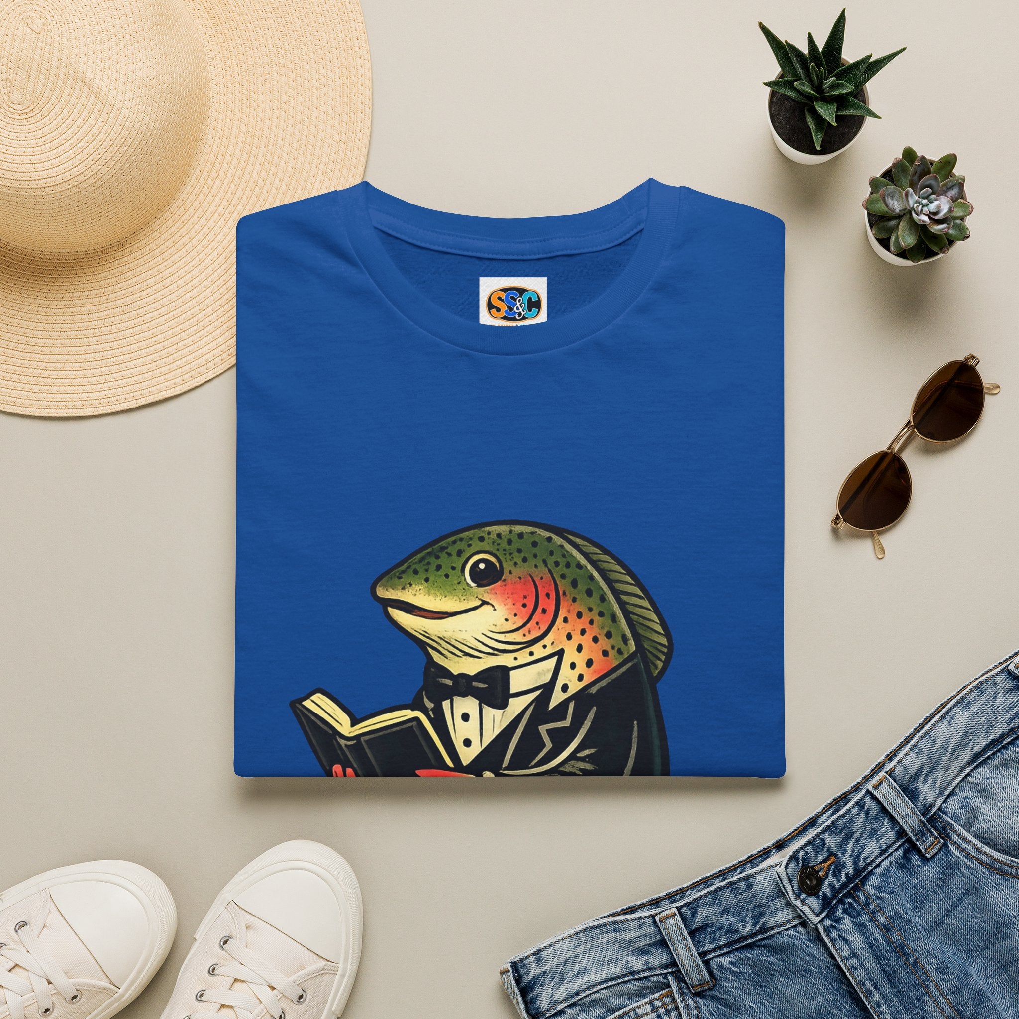 Dapper Trout with Book T-Shirt | Literary Fish Illustration