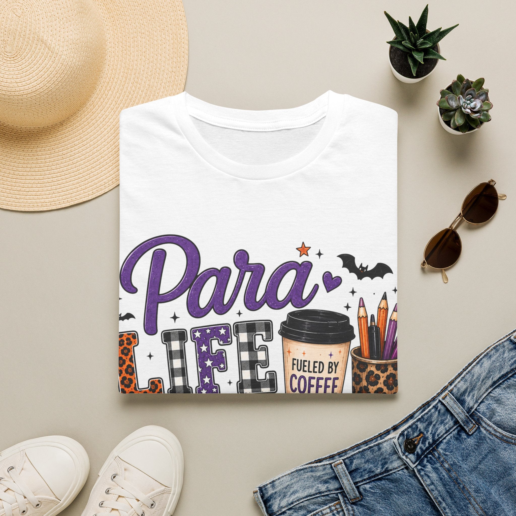 A folded white graphic T-shirt is displayed in a styled flat lay on a light beige surface. The shirt features a colorful design with the words 'Para LIFE' in purple and black, alongside a coffee cup illustration and small decorative elements like bats and stars.