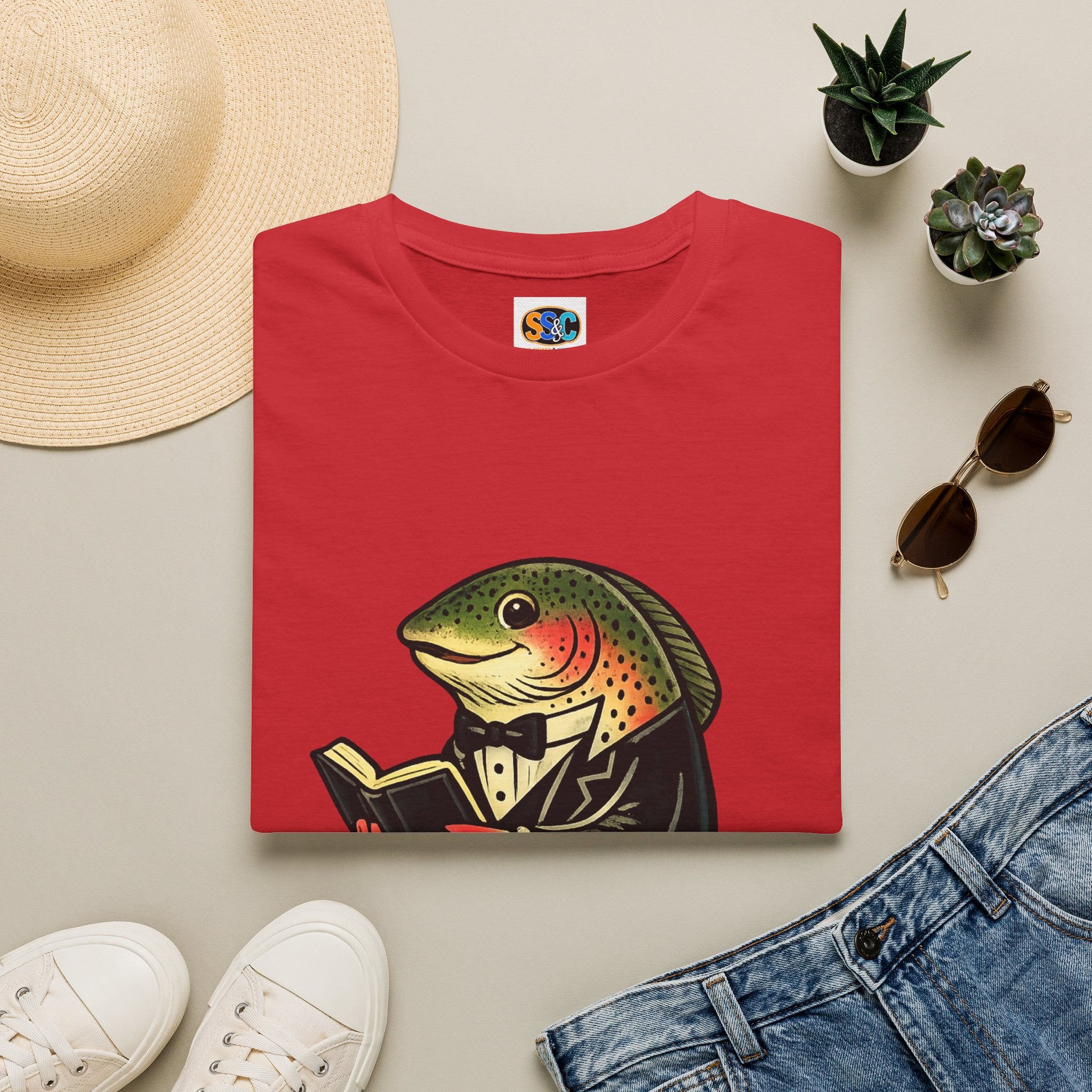 Dapper Trout with Book T-Shirt | Literary Fish Illustration