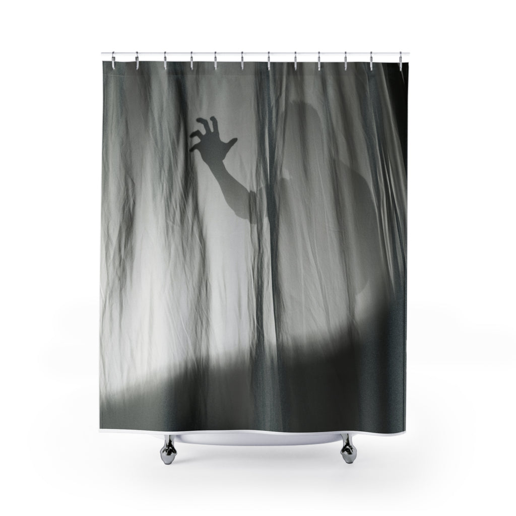 Dark gray shower curtain with spooky hand silhouette, top grommet hooks included