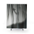 Dark gray shower curtain with spooky hand silhouette, top grommet hooks included
