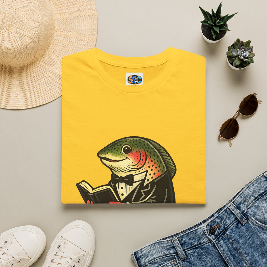 Dapper Trout with Book T-Shirt | Literary Fish Illustration