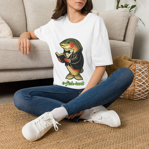 White T-shirt with illustrated trout reading a book graphic on the front