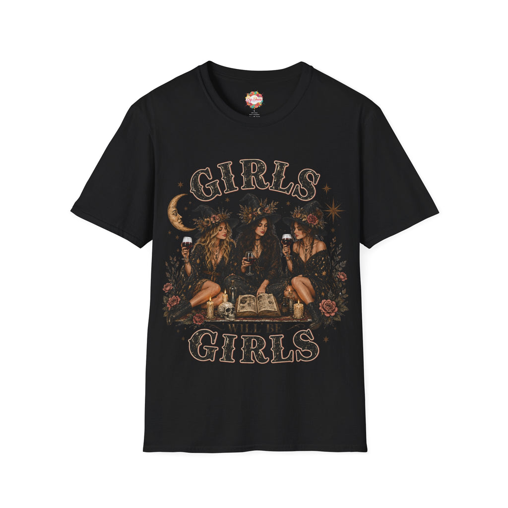 Girls witchy Halloween T-shirt, black with “GIRLS WILL BE GIRLS” moon and stars graphic
