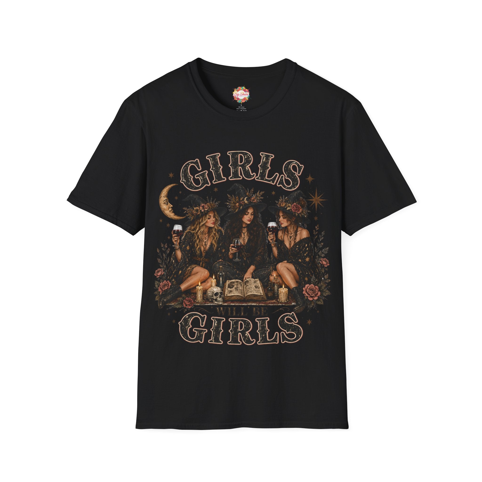 Girls witchy Halloween T-shirt, black with “GIRLS WILL BE GIRLS” moon and stars graphic
