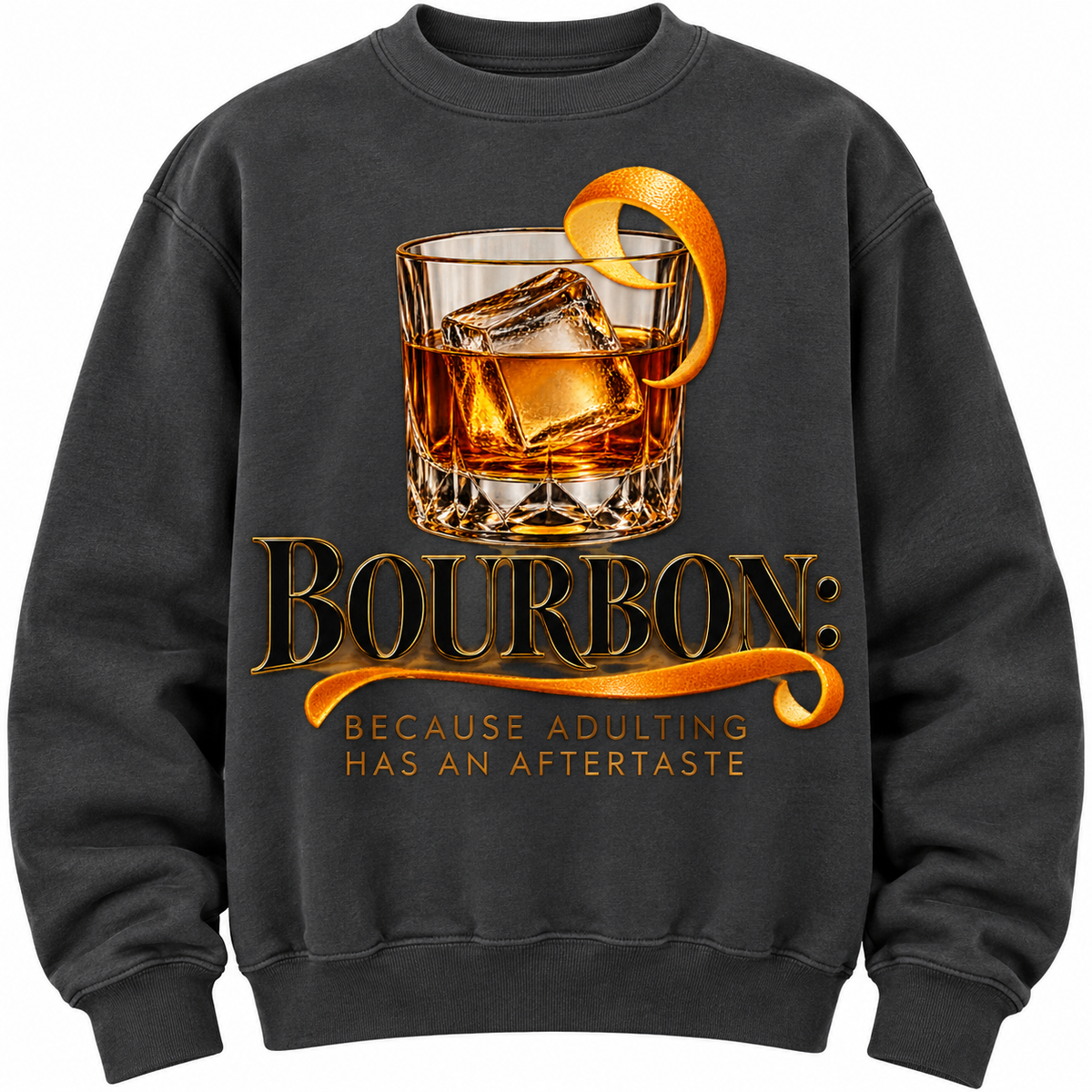 Dark hoodie sweatshirt with whiskey glass and BOURBON text graphic