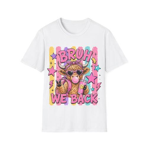 White graphic t-shirt with colorful “BRUH WE BACK” cow-themed star artwork