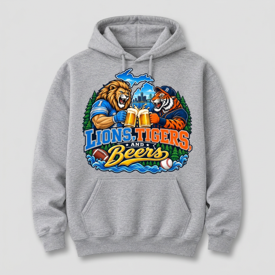 Gray pullover hoodie with front “Lions, Tigers and Beers” graphic, hood with drawstrings