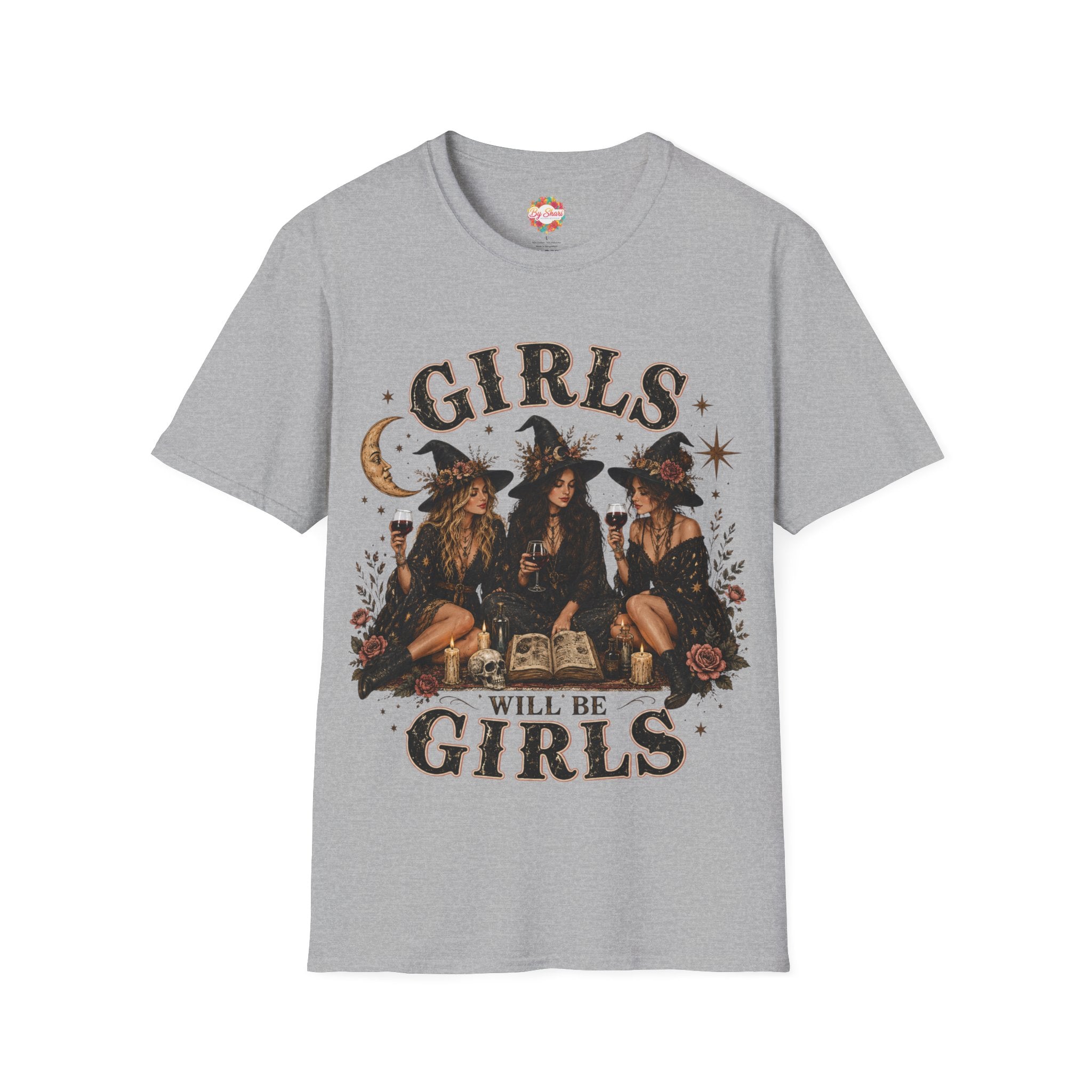Girls witchy Halloween T-shirt, heather gray with “GIRLS WILL BE GIRLS” moon and stars