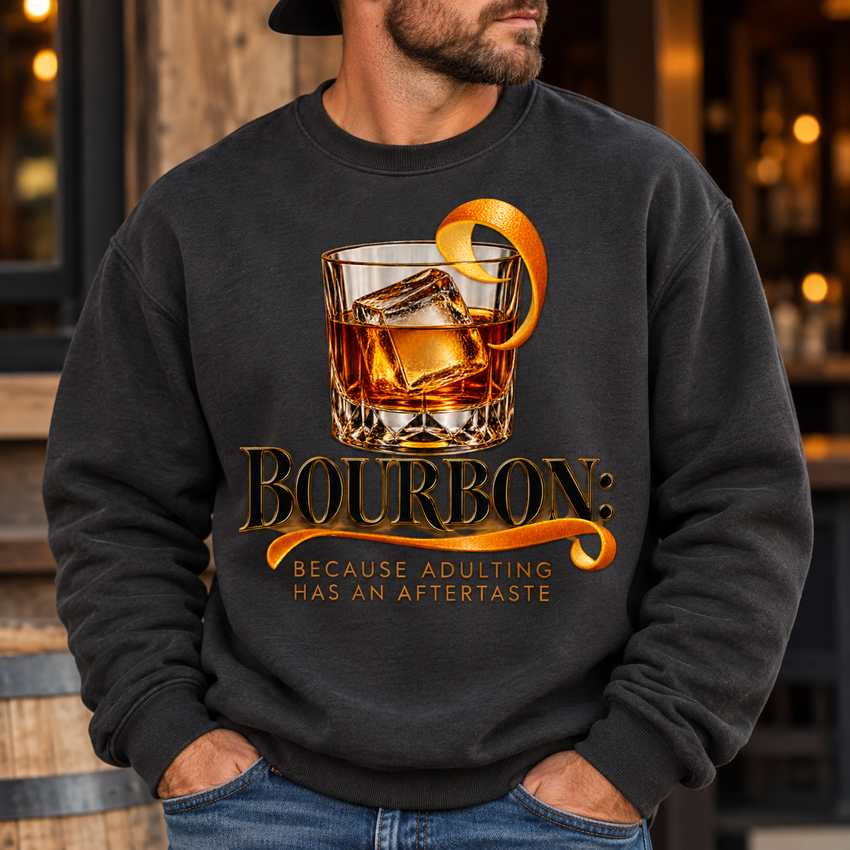 Man wearing dark hoodie sweatshirt with whiskey glass and BOURBON text graphic