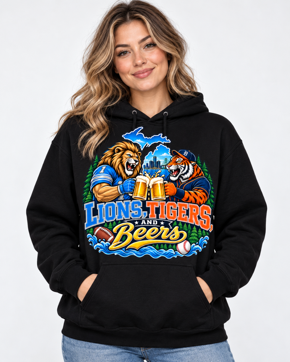 Black hoodie with front graphic “Lions, Tigers and Beers”, pullover hood and drawstrings
