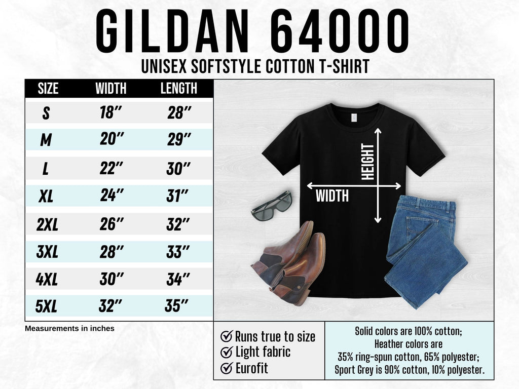 Gildan 64000 unisex softstyle cotton T-shirt size chart with front graphic preview