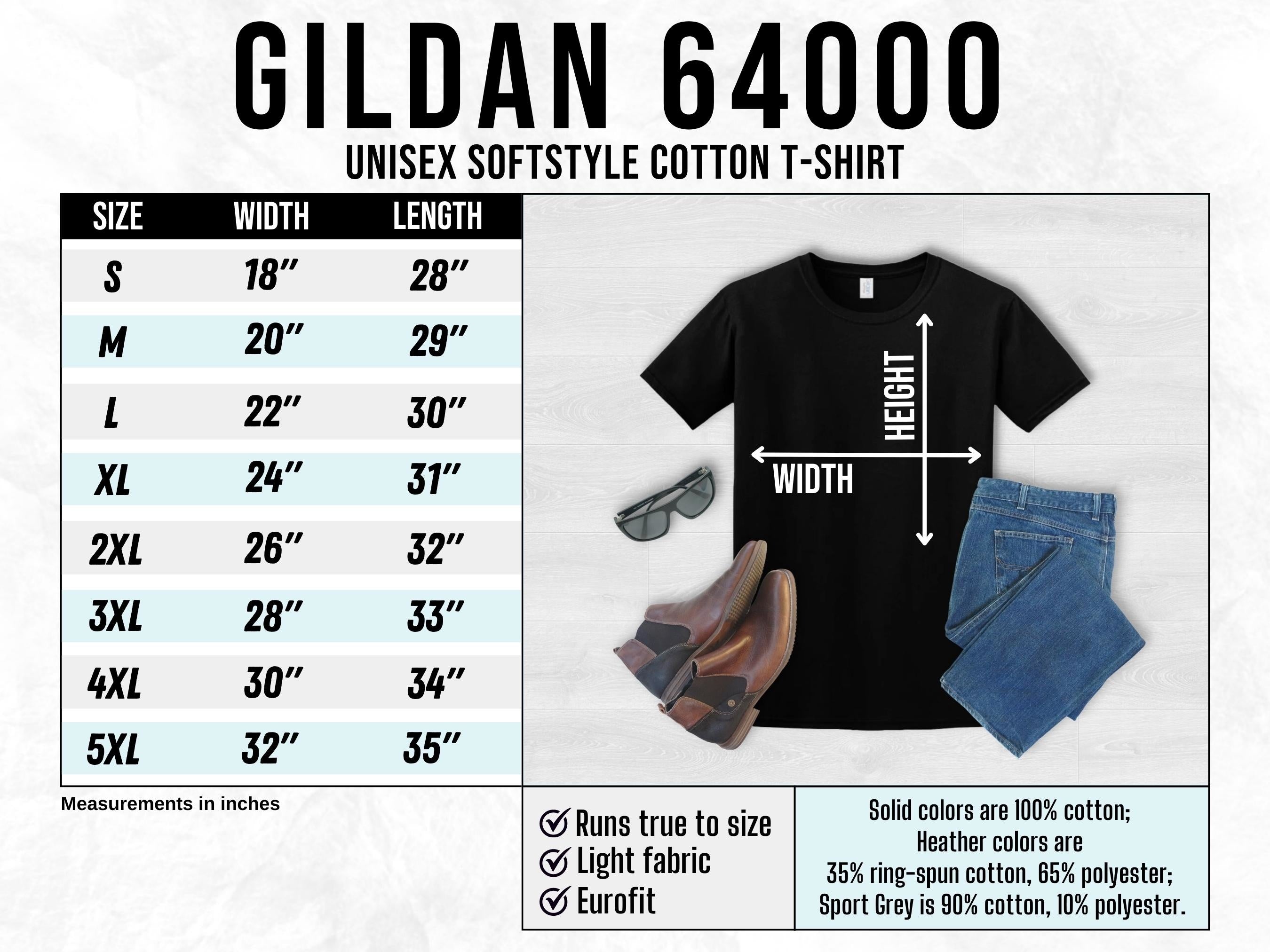 Gildan 64000 unisex softstyle cotton T-shirt size chart with front graphic preview