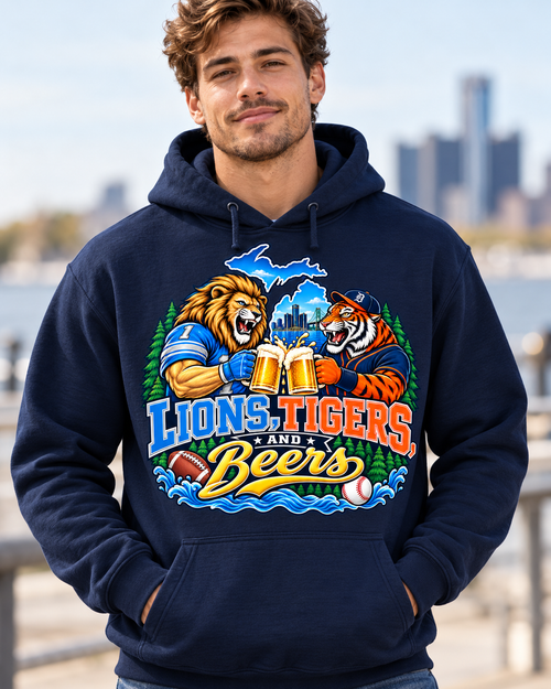 Navy hoodie with front “Lions, Tigers and Beers” graphic, pullover hood and drawstrings